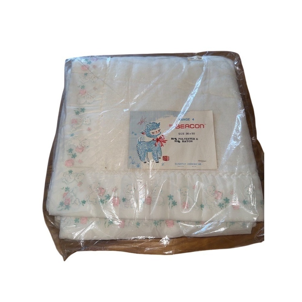 By Beacon Receiving Blanket 36x50 White‎ Lambs Vtg Satin Trim 60's new old stock